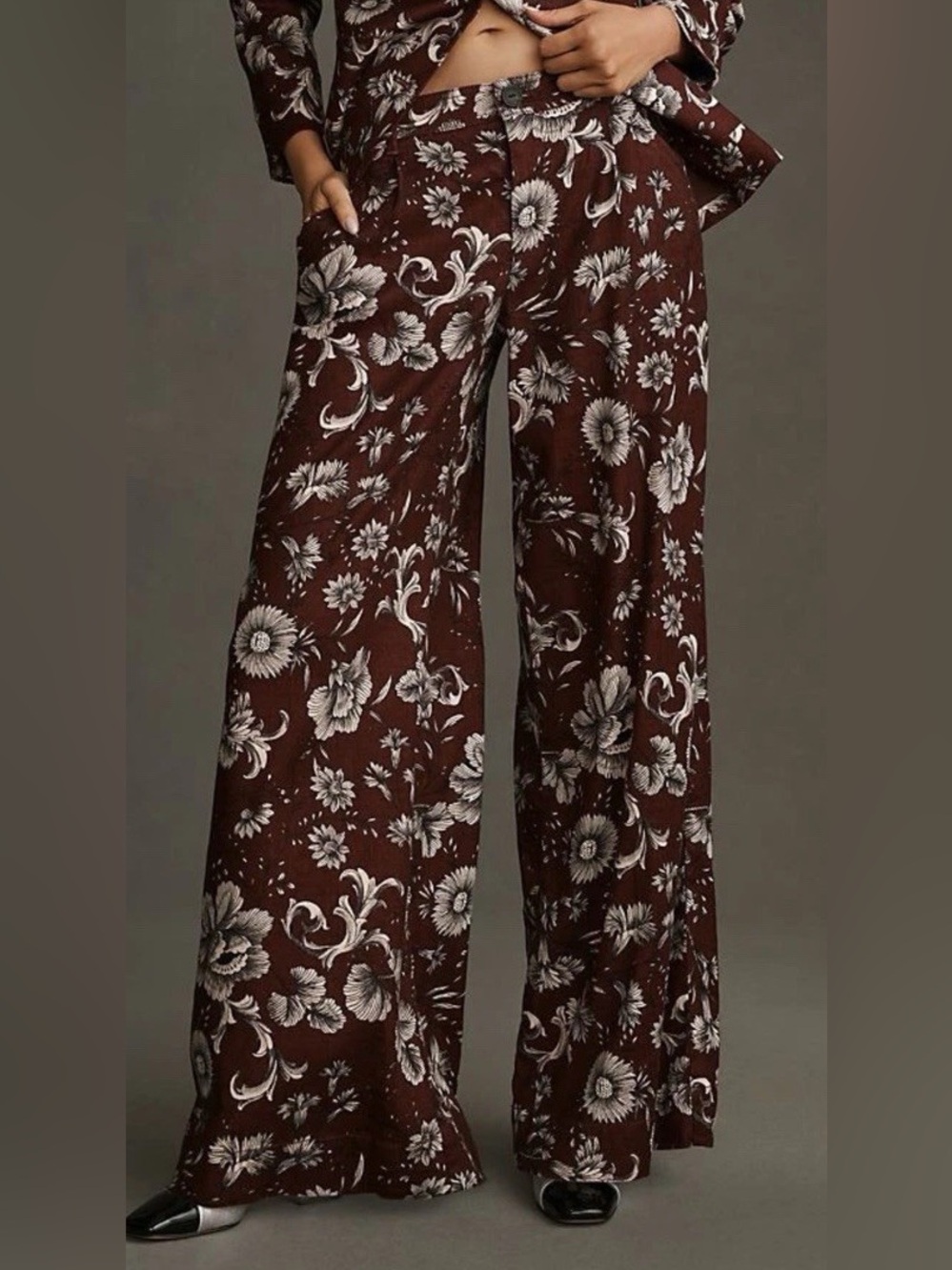 Anthropologie Low Rise Wide-Leg Floral Linen Blend Trouser Pants